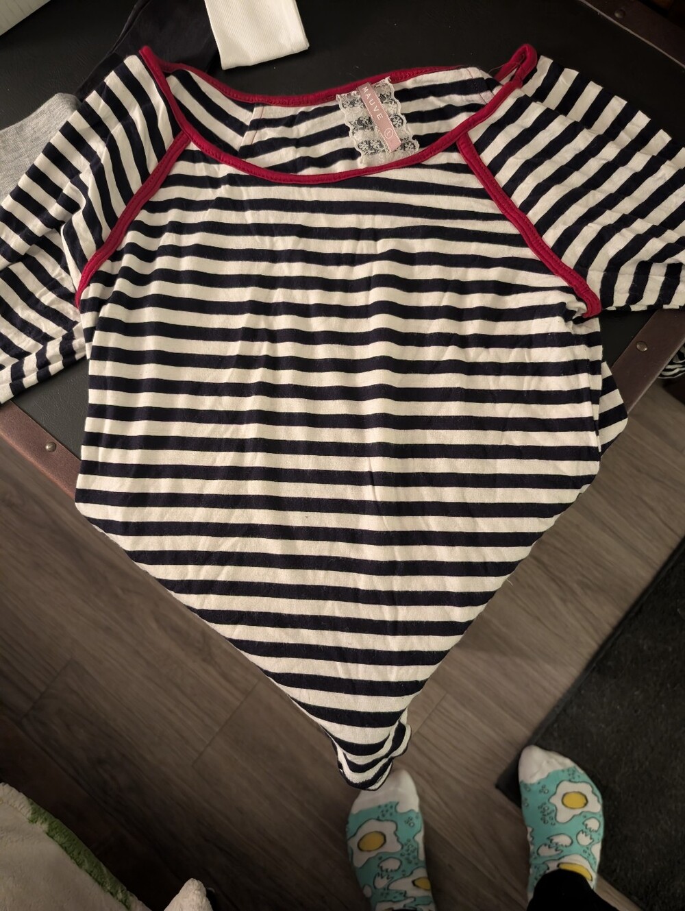 Striped Black and White Top with Red Trim